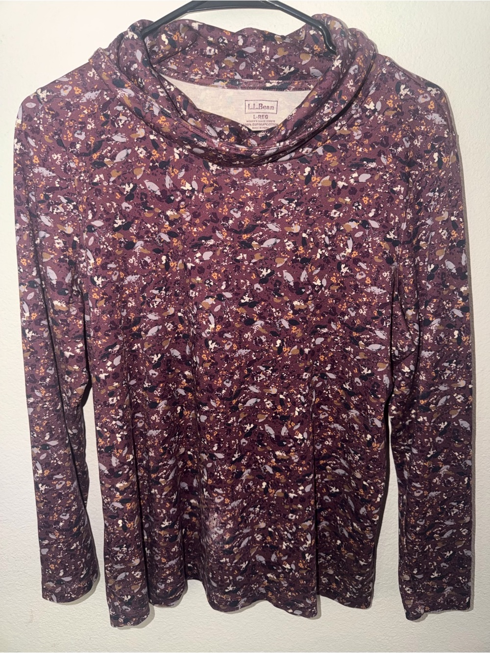 L.L. Bean Plum Cowl Neck Long-Sleeve Sweater with Multi-Color Speckle Print